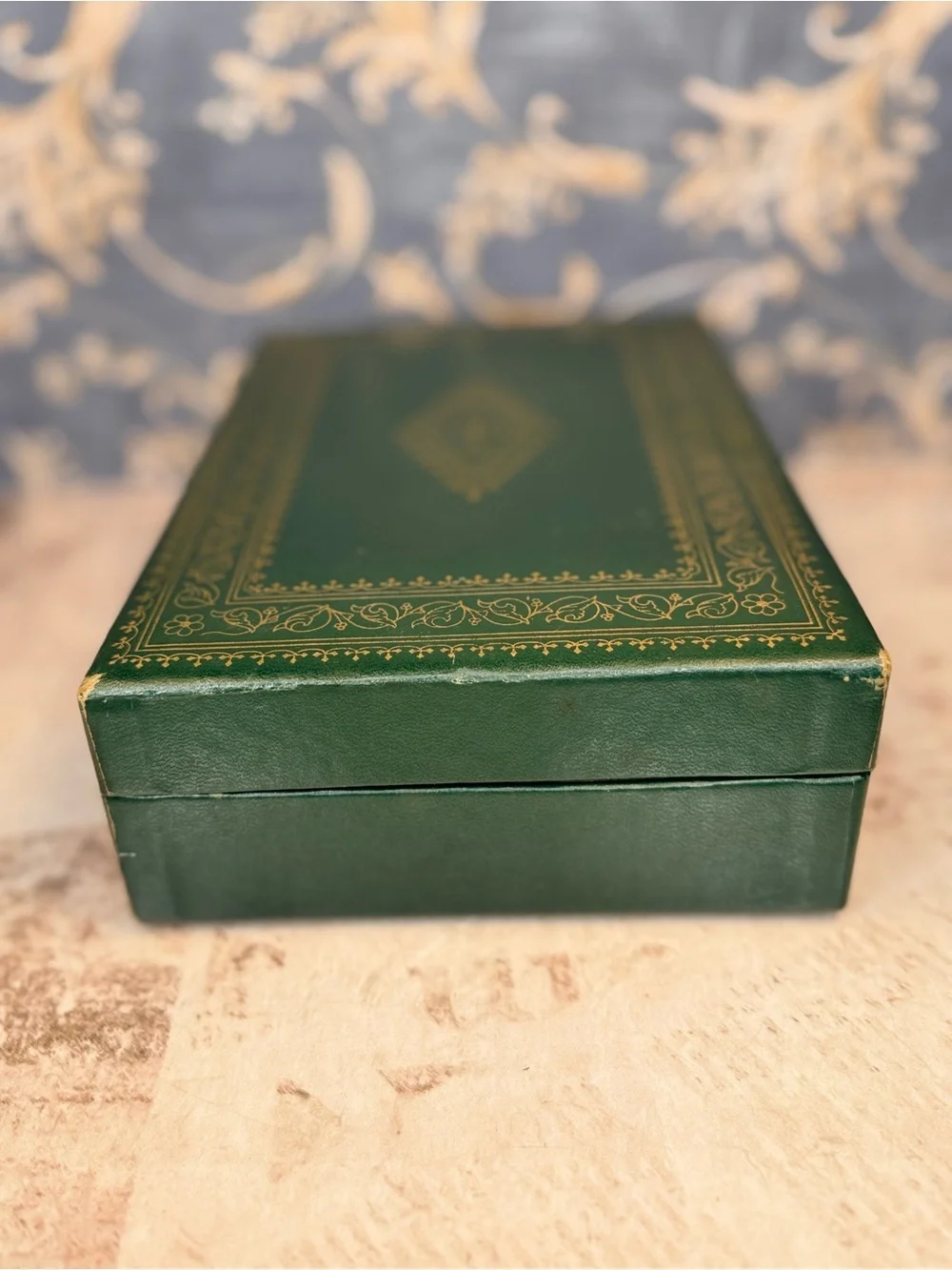 Vintage Green Faux Leather Jewelry Box Brass Lock Ring Tray Vanity Case